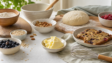 無奶烘焙桌面上的植物抹醬、燕麥、堅果、麵團與莓果點心