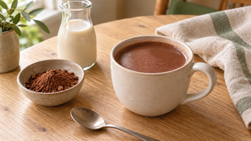 自然光下的米白陶杯熱可可，旁有可可粉、玻璃壺植物飲、湯匙與亞麻布，呈現居家無奶飲品情境