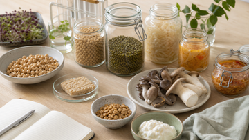 豆類菇類與發酵罐組成的未來蛋白食材場景